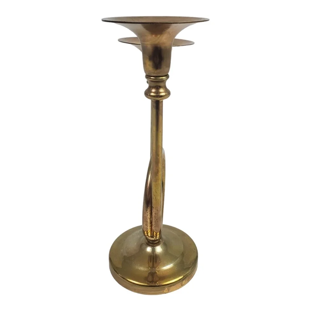 Vintage 2 Arm Trumpet Candle Holder Brass Candelabra Fox Hunting Horn Old Money